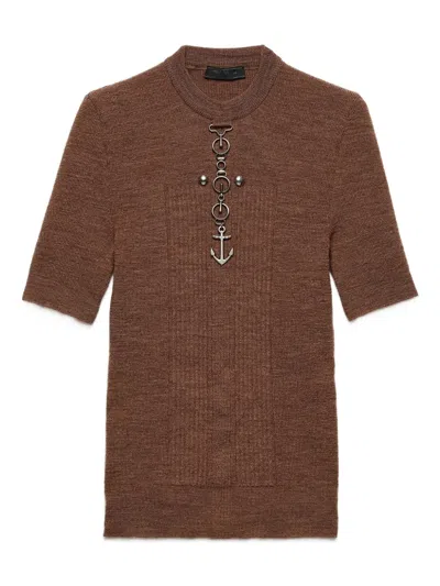 Prada Short Sleeve Wool Knit With Anchor Detail In Brown