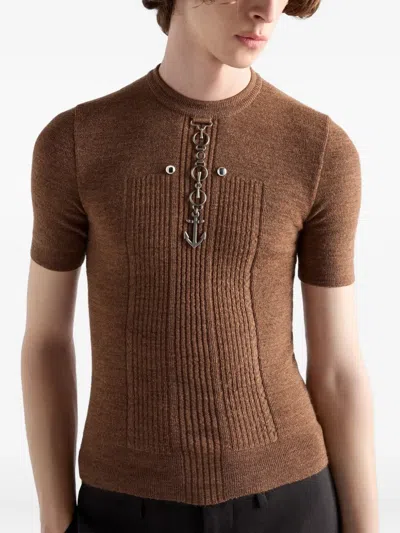 Prada Short Sleeve Wool Knit With Anchor Detail In Brown