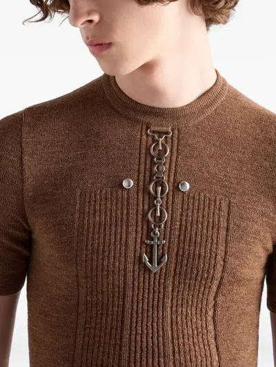 Prada Short Sleeve Wool Knit With Anchor Detail In Brown