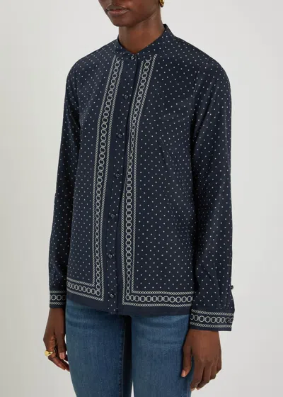 Veronica Beard Johnson Mixed Print Stretch Silk Button-up Shirt In Blue