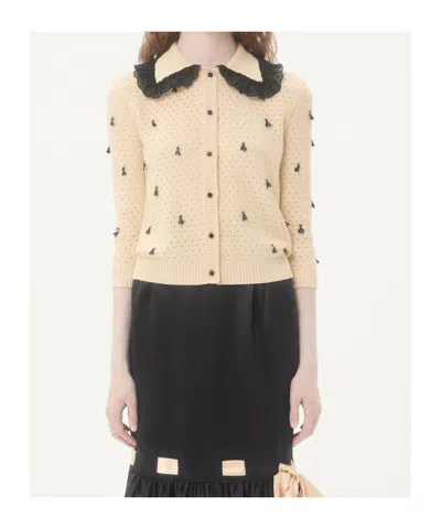 Valentino Pointelle Micro Tassel Ruffled Cardigan In Neutral