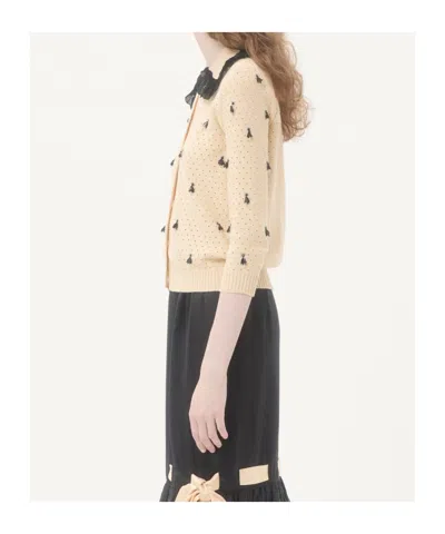 Valentino Pointelle Micro Tassel Ruffled Cardigan In Neutral