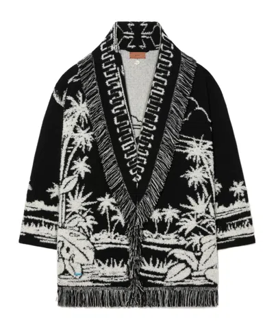 Alanui Black Cardigan With Tropical Pattern And Fringes In Black