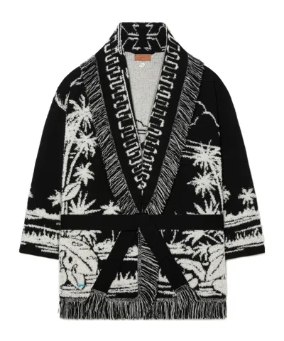 Alanui Black Cardigan With Tropical Pattern And Fringes In Black