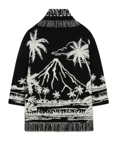 Alanui Black Cardigan With Tropical Pattern And Fringes In Black