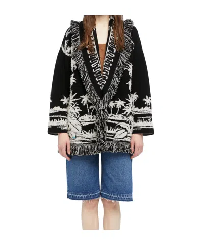Alanui Black Cardigan With Tropical Pattern And Fringes In Black