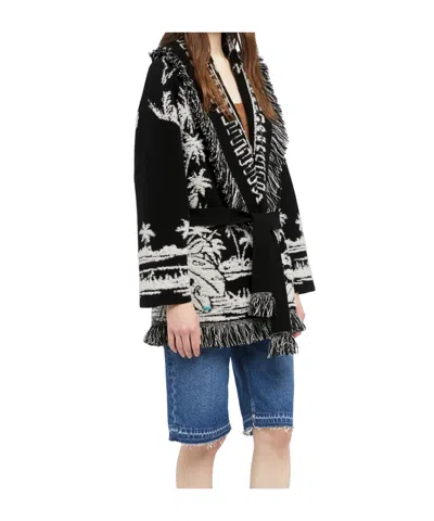 Alanui Black Cardigan With Tropical Pattern And Fringes In Black