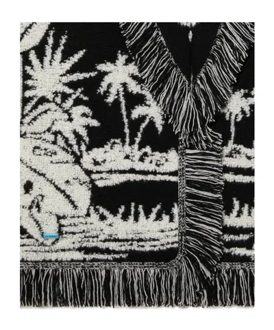 Alanui Black Cardigan With Tropical Pattern And Fringes In Black