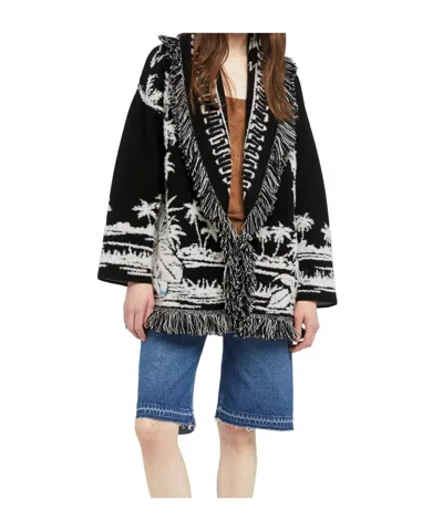 Alanui Black Cardigan With Tropical Pattern And Fringes In Black