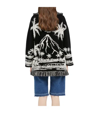Alanui Black Cardigan With Tropical Pattern And Fringes In Black
