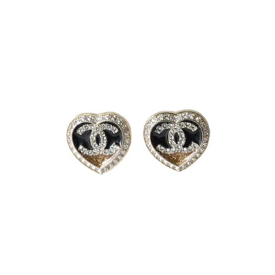 Pre-owned Chanel 23b Cc Crystal Strass Resin Heart Stud Earrings Black Gold