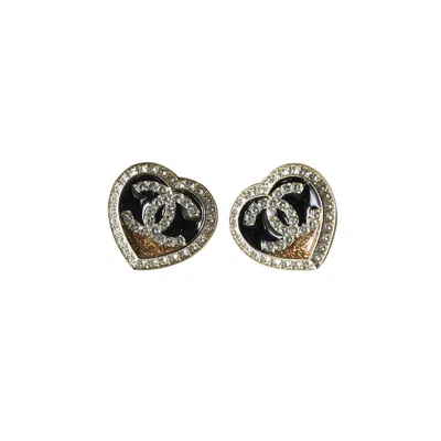 Pre-owned Chanel 23b Cc Crystal Strass Resin Heart Stud Earrings Black Gold
