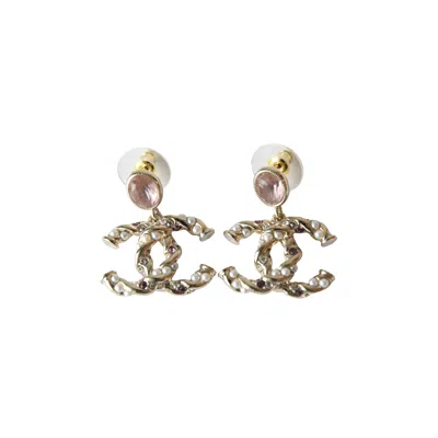 Pre-owned Chanel 23b Cc Pink Crystal Strass Pearl Twist Stud Earrings Gold