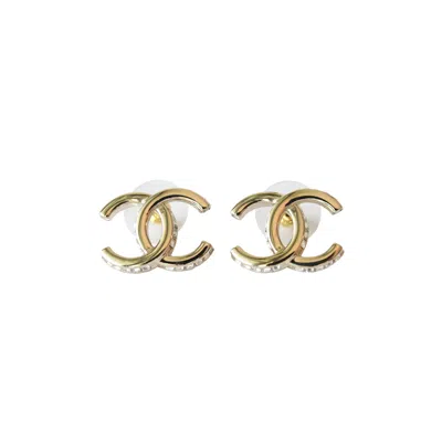 Pre-owned Chanel 23b Cc Studs Earrings Side Crystal Strass Light Gold