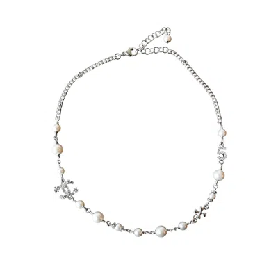 Pre-owned Chanel 23p Crystal Strass Cc Logo No.5 Clover With Pearl Chain Necklace Silver