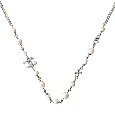 Pre-owned Chanel 23p Crystal Strass Cc Logo No.5 Clover With Pearl Chain Necklace Silver