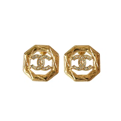 Pre-owned Chanel 24a Cc Crystal Strass Octagonal Stud Earrings Gold