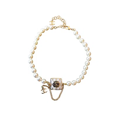Pre-owned Chanel 24c Enamel Cc Square With Pearl Choker Necklace Gold