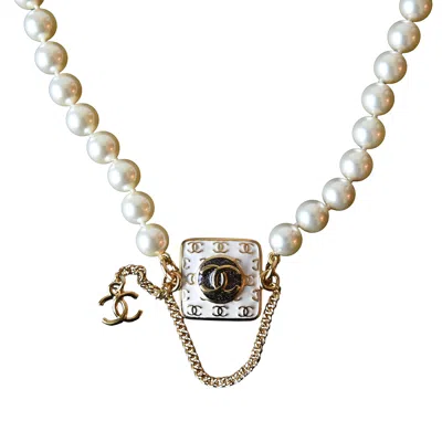 Pre-owned Chanel 24c Enamel Cc Square With Pearl Choker Necklace Gold