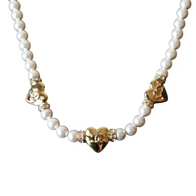 Pre-owned Chanel 24p Cc Logo Metal Heart With Crystal Strass Pearl Necklace Gold White