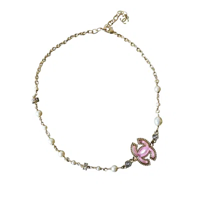 Pre-owned Chanel 24p Crystal Strass Resin Cc With Pearl Necklace Pink Gold White