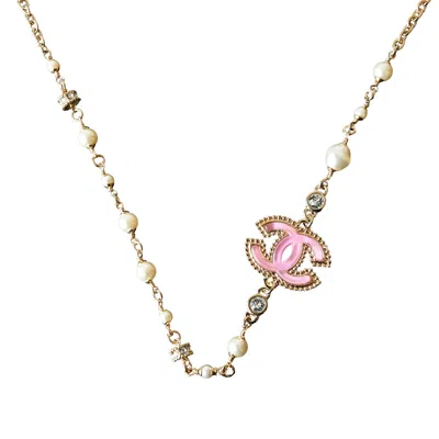 Pre-owned Chanel 24p Crystal Strass Resin Cc With Pearl Necklace Pink Gold White