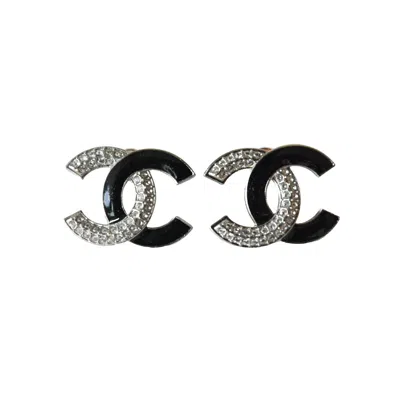 Pre-owned Chanel Cc 2 Tone Crystals Strass Enamel Stud Earrings Silver Black