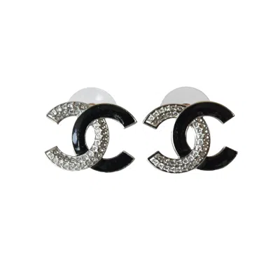 Pre-owned Chanel Cc 2 Tone Crystals Strass Enamel Stud Earrings Silver Black