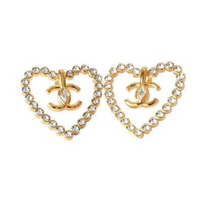 Pre-owned Chanel Cc Crystal Strass Heart Stud Earrings Gold