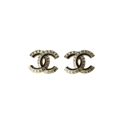 Pre-owned Chanel Cc Crystal Strass Stud Earrings Black Gold
