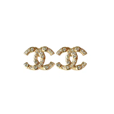 Pre-owned Chanel Cc Crystal Strass Stud Earrings Gold
