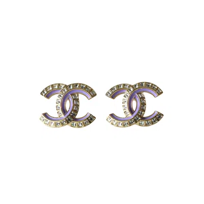 Pre-owned Chanel Cc Crystal Strass Stud Earrings Purple Gold