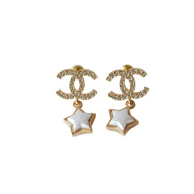 Pre-owned Chanel Cc Crystal Strass With Pearl Star Drop Stud Earrings Gold White