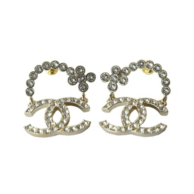 Pre-owned Chanel Cc Flower Crystal Strass Stud Earrings Gold