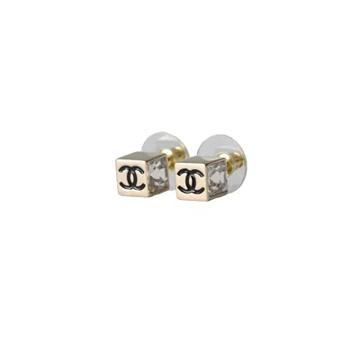Pre-owned Chanel Cc Metal Enamel With Crystal Strass Square Stud Earrings Gold