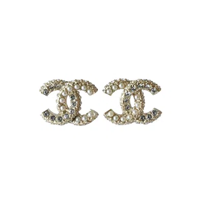 Pre-owned Chanel Cc Pearl Crystal Strass Stud Earrings Gold