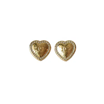 Pre-owned Chanel Crystal Strass Cc Metal Heart Stud Earrings Gold