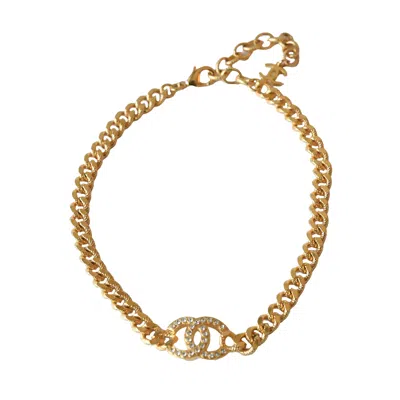 Pre-owned Chanel Crystal Strass Cc Logo Necklace Gold