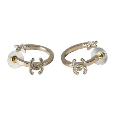 Pre-owned Chanel Crystal Strass Cc Star Loop Earrings Gold