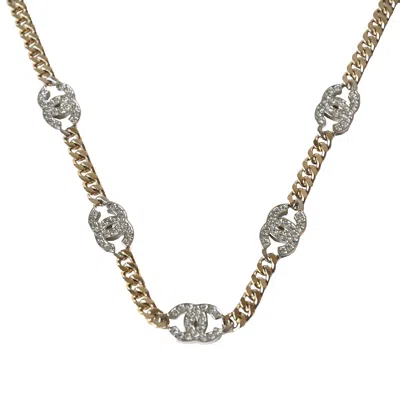 Pre-owned Chanel Crystal Strass Chain Cc Link Choker Necklace Gold Silver