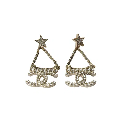 Pre-owned Chanel Crystal Strass Star Cc Drop Earrings Gold