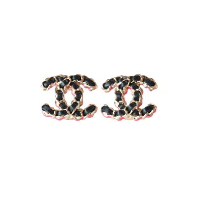Pre-owned Chanel Leather Cc Chain Stud Earrings Black Gold Pink