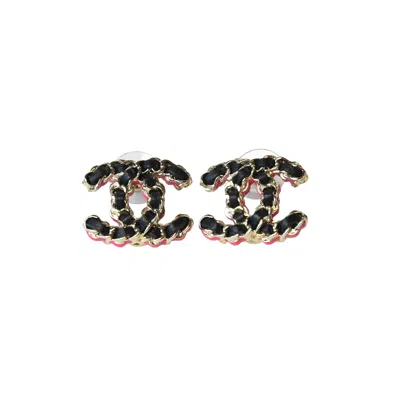Pre-owned Chanel Leather Cc Chain Stud Earrings Black Gold Pink
