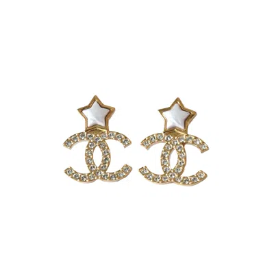 Pre-owned Chanel Pearl Star With Cc Crystal Strass Stud Earrings Gold
