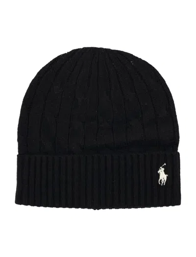 Polo Ralph Lauren Ribbed Knit Beanie Hat With Logo Detail In Black