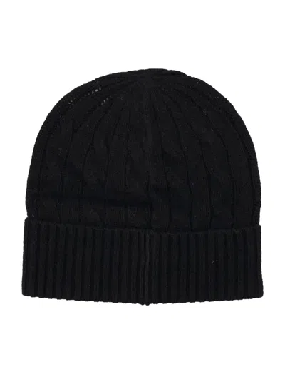 Polo Ralph Lauren Ribbed Knit Beanie Hat With Logo Detail In Black