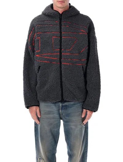 Diesel Textured Fleece Jacket With Bold Graphic Embroidery In Black