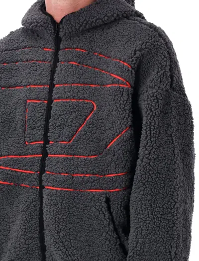 Diesel Textured Fleece Jacket With Bold Graphic Embroidery In Black