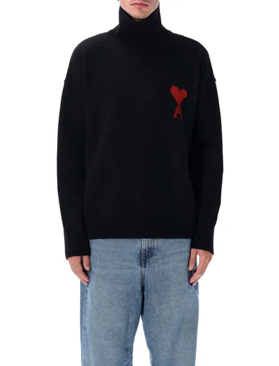 Ami Alexandre Mattiussi Ami Paris Funnel-neck Sweater With Heart Intarsia Design In Black