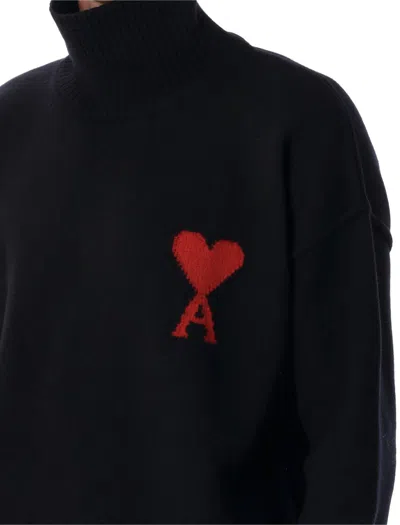 Ami Alexandre Mattiussi Ami Paris Funnel-neck Sweater With Heart Intarsia Design In Black